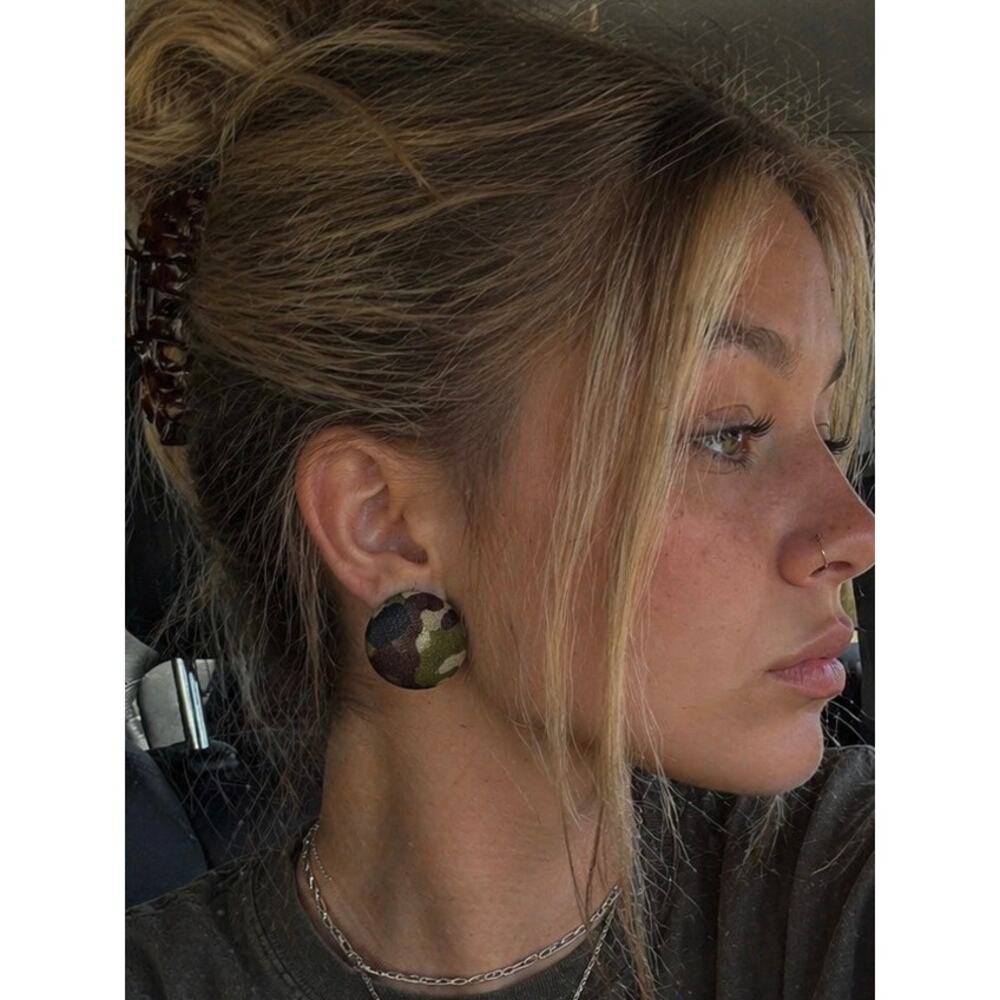 Camo Fabric Button Clip On Earrings 1” Round Green Brown Camouflage Retro